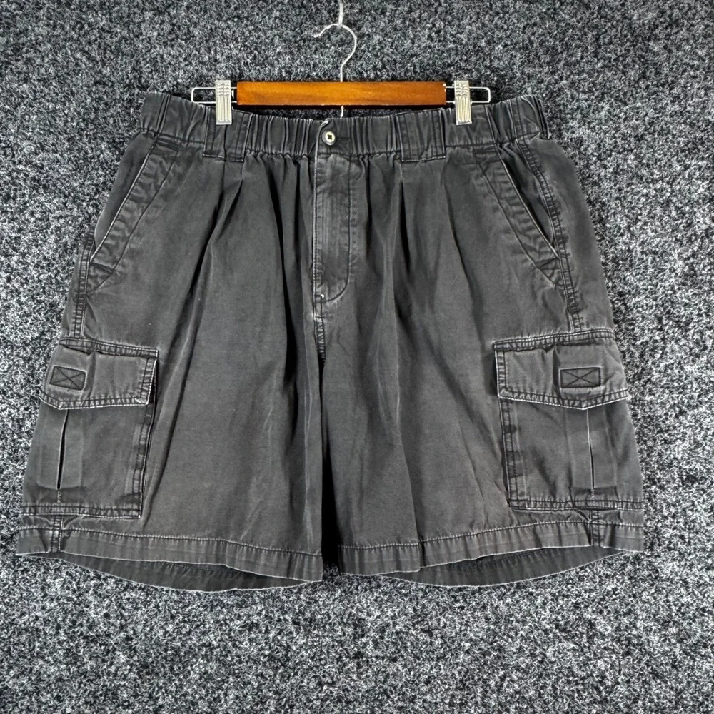 Tommy Bahama Mens Cargo Shorts XL Black Faded Pleated Elastic Waist Cotton Blend